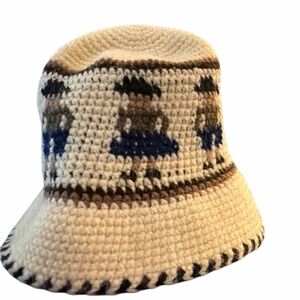 Tan Crochet Bucket Hat with Dancing Girl Pattern
